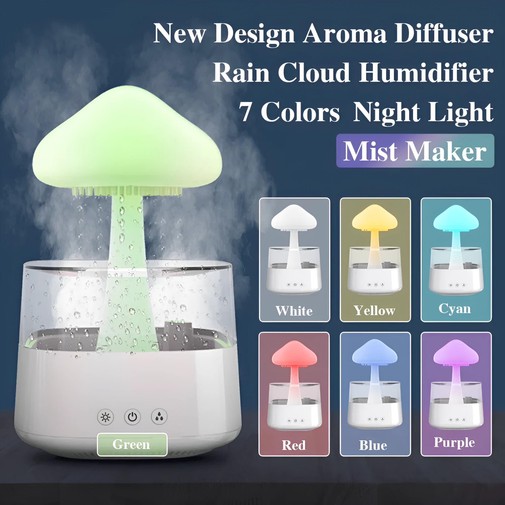 Raining cloud design desk humidifier and mushroom night light with aromatherapy diffuser