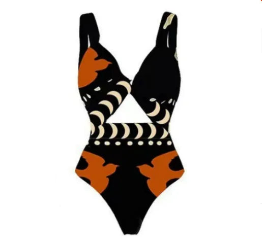 Women's black one-piece swimsuit made from polyester with a lining, shown on a model.