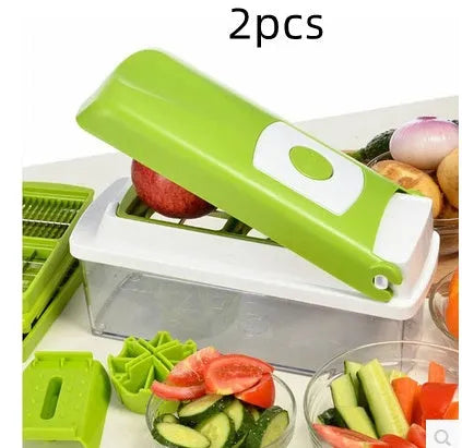 12-piece green vegetable chopper set with stainless steel blades on a kitchen counter