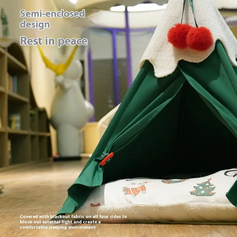 Semi-closed thickened cloth cat house with brown mat, winter warm pet bed for indoor cats
