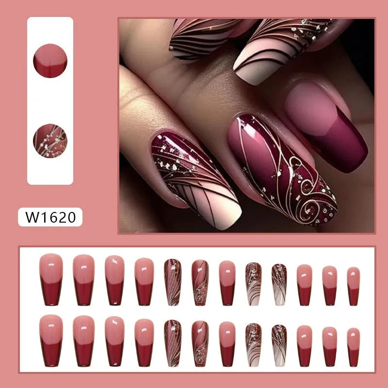 Pack of 24 French line pattern false nail stickers and glue tube on a white background.