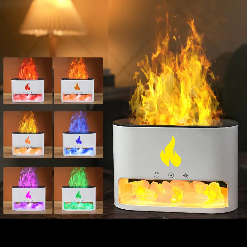 Square white flame effect humidifier and aromatherapy diffuser with coloured 3D light on a desk.