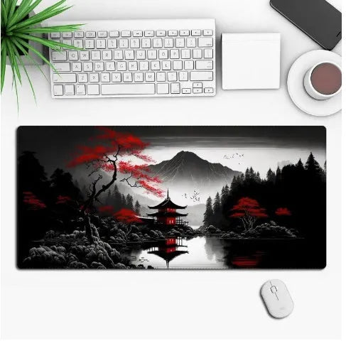Anime pattern gaming mouse pad with non-slip rubber base in multiple size options on desk