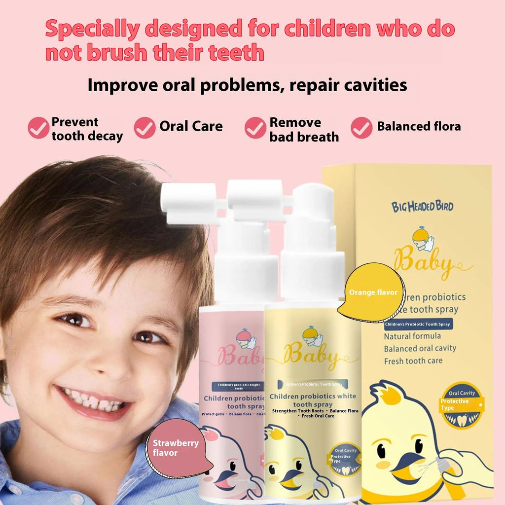 Children's probiotics white teeth cleaning spray bottle with 40ml anticavity formula in strawberry and orange flavour options