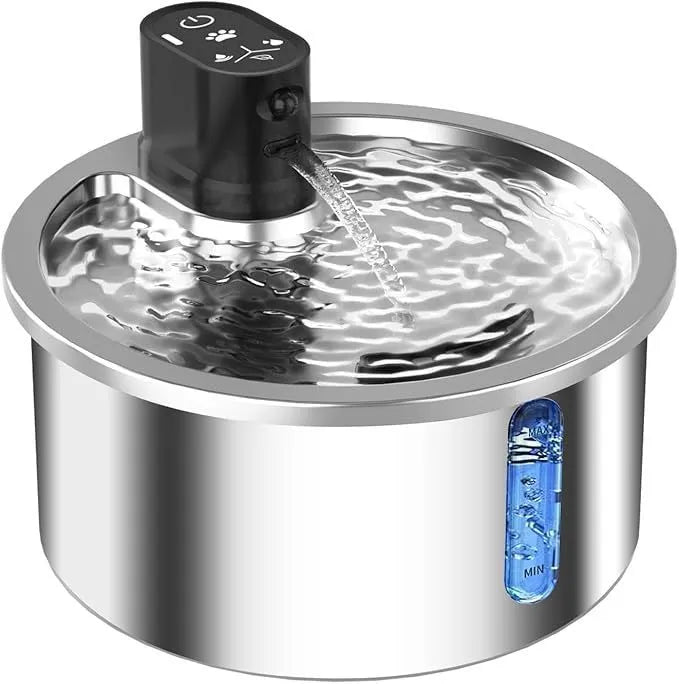 Stainless steel cat water fountain with white base and nine temperature gears, for dogs and cats hydration