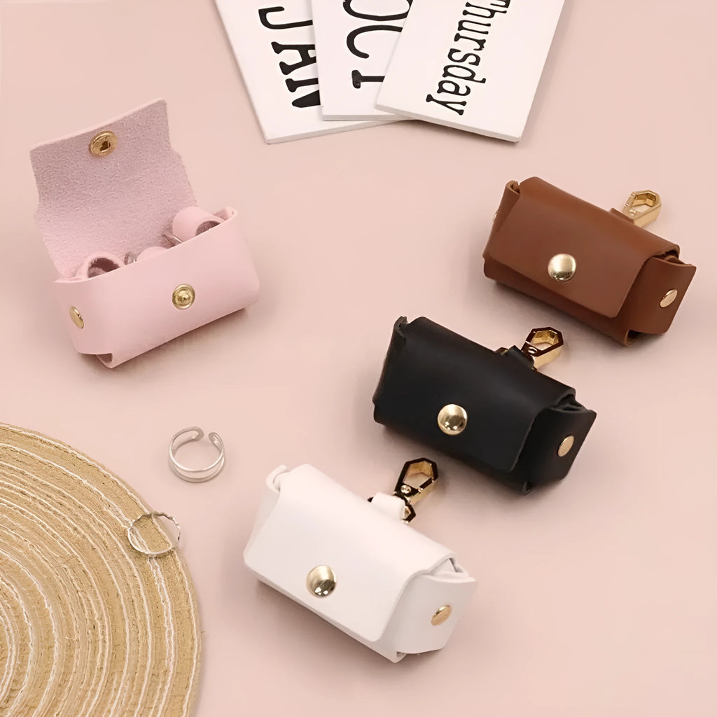 Leather ring storage bag in solid colour, 57x25x35mm hard leather box for rings, available in dark brown, white, pink, and black.