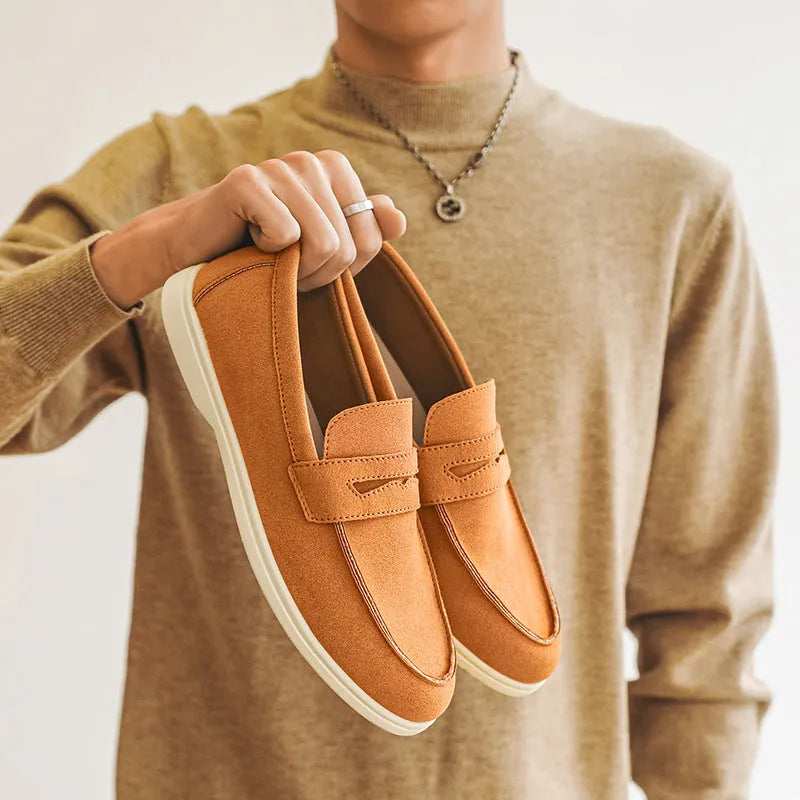 Men's suede casual shoes in beige, black, brown, or sky blue with a round toe and low flat heel.