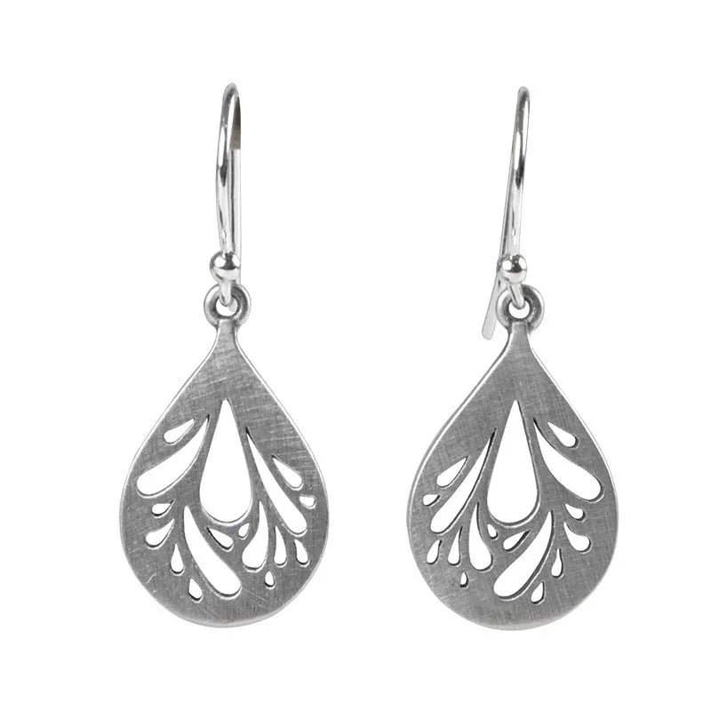 Pair of silver retro hollow water drop earrings with a hand-ground finish.