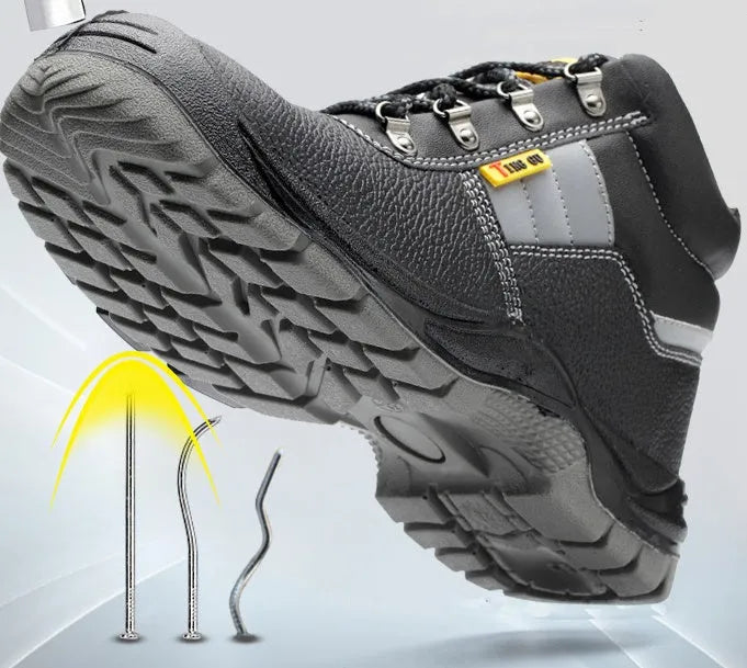 Black high-top safety shoes with steel toe cap and non-slip polyurethane sole, sizes 36-46