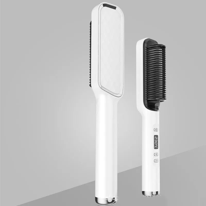 Gold professional electric hair straightener brush with ceramic heating plates and multiple heat settings.