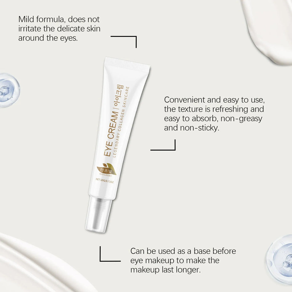 20g tube of collagen eye cream with hyaluronic acid and glycerin for the eye area.