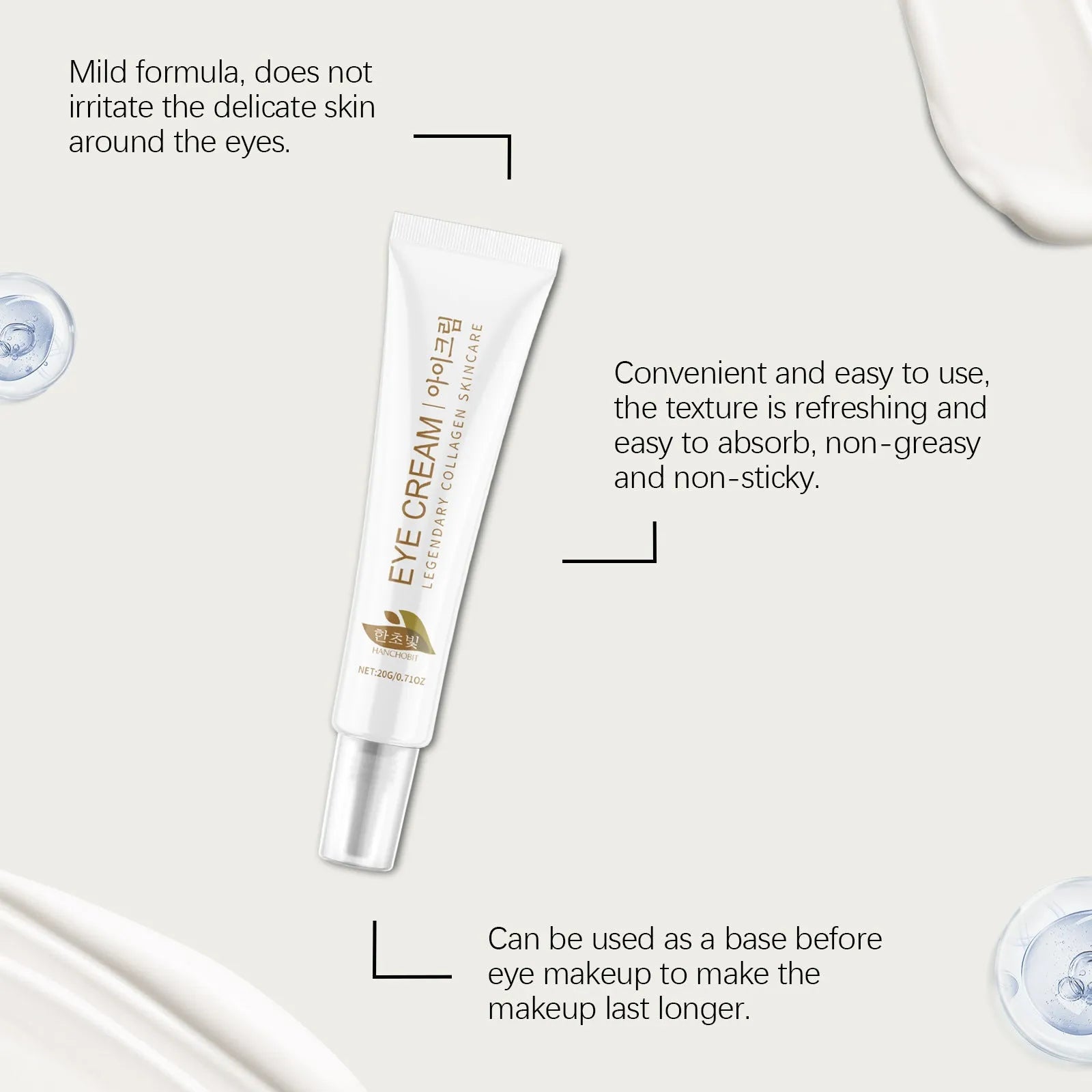 20g tube of collagen eye cream with hyaluronic acid and glycerin for the eye area.