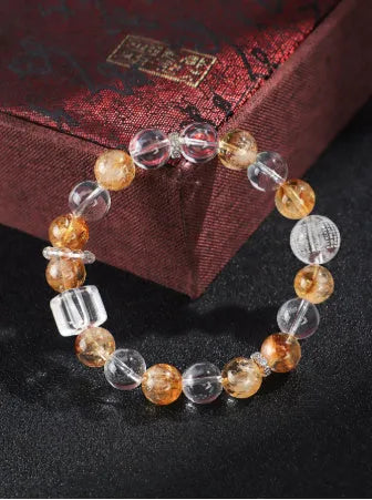 Huang Tajing women's bracelet with white crystals, yellow freshwater pearls and citrine beads in fashion OL style