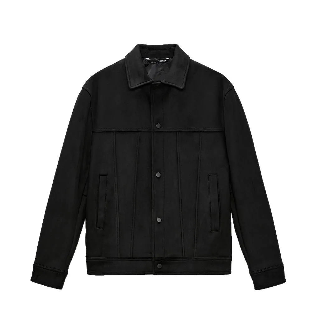 Men's black hooded jacket with suede collar, side pockets, and regular fit