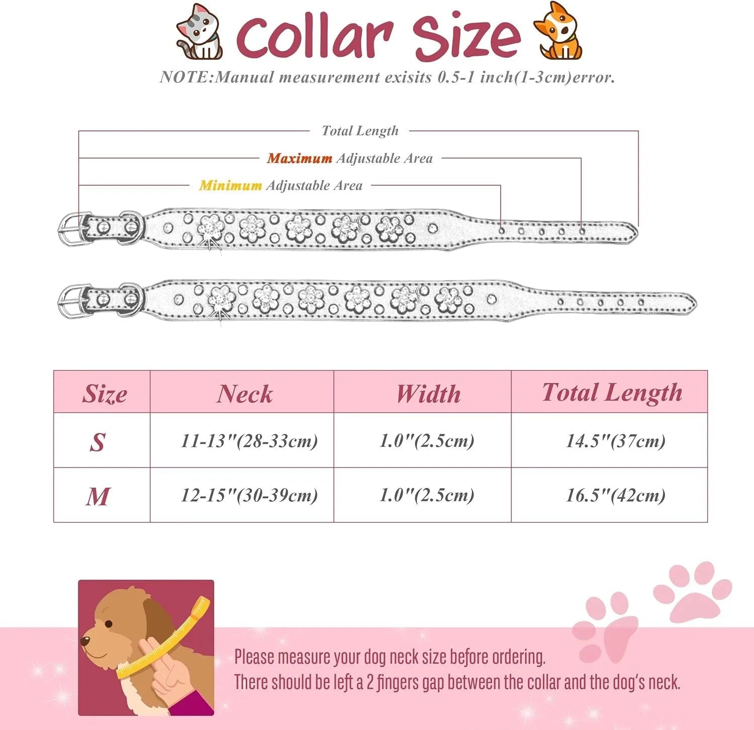 Black PU leather dog collar with rhinestone flower pattern and studded design, adjustable with metal eyelets