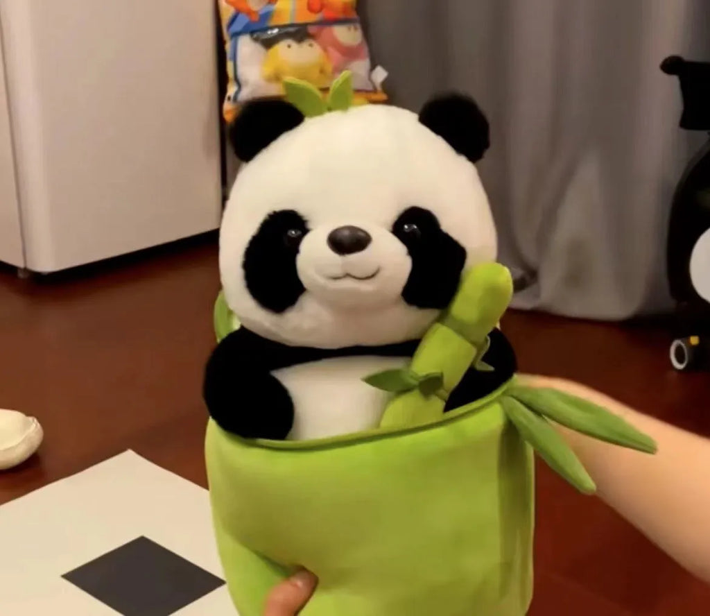 Panda plush doll pillow holding simulated bamboo tube, black and white soft toy