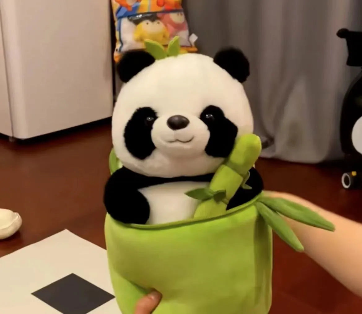 Panda plush doll pillow holding simulated bamboo tube, black and white soft toy
