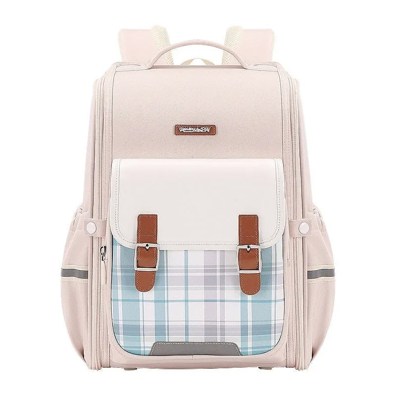 Student schoolbag in Oxford cloth with modern design, showing navy blue small size and royal blue large options