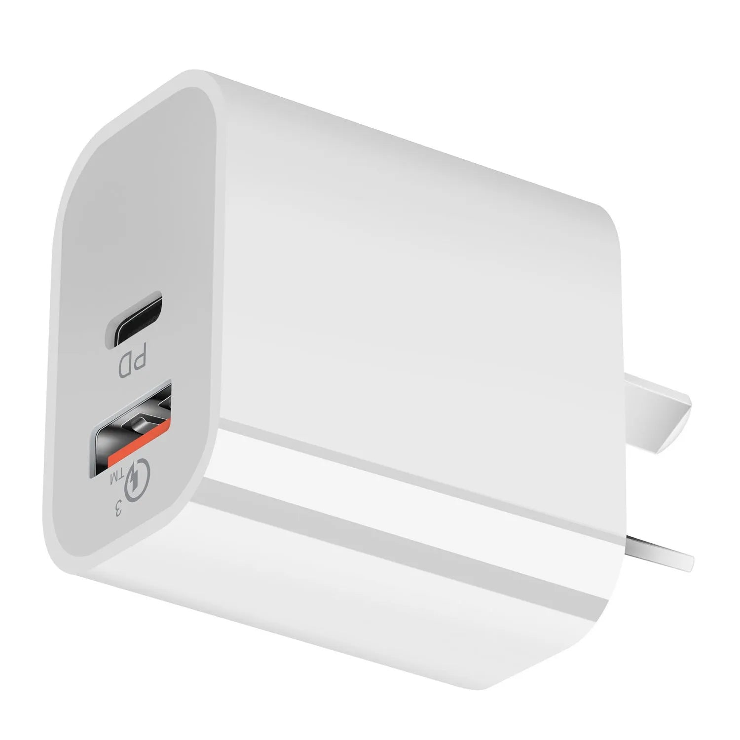 White Australian dual port USB wall charger showing Type-A and Type-C ports