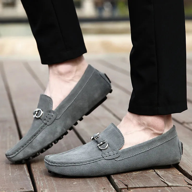 Men's black slip-on business casual leather shoes with square toe and matte finish