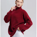 Women's high neck pullover sweater in thick imitation cashmere with 3D pattern, 50cm length, available in sky blue, dark red, green, black, gray, white.