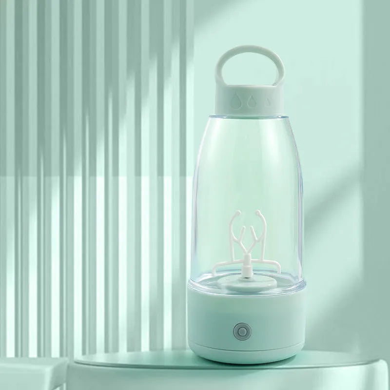 Automatic electric shaker bottle in green, pink, or white with USB port and handle for blending smoothies
