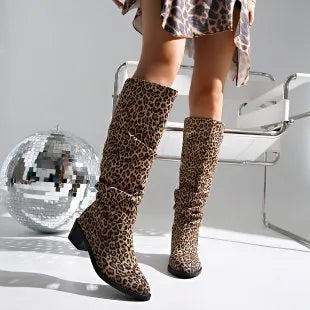 Brown leopard print women's ankle boots with square toe and chunky block heel