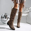 Brown leopard print women's ankle boots with square toe and chunky block heel