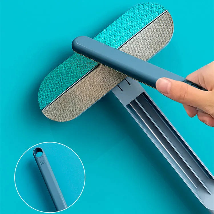 Multifunctional hair removal brush with flannel head and extension handle for cleaning pet hair, lint, and window screens.