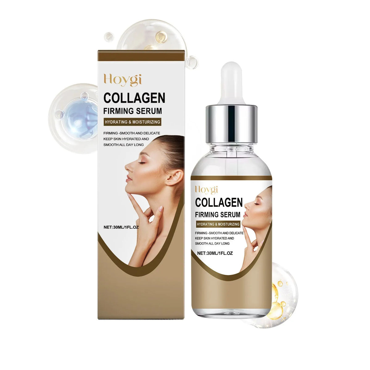 30ml collagen firming care solution bottle measuring 2.8 x 2.8 x 10.3 cm with hyaluronic acid