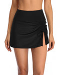 Women's solid colour lace-trim polyester swimming trunks shown in wine red, rose red, grey, black, and navy blue.