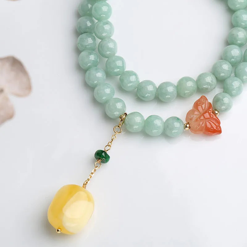 Double-layer jade bracelet with emerald round beads and beeswax barrel beads in retro geometric style