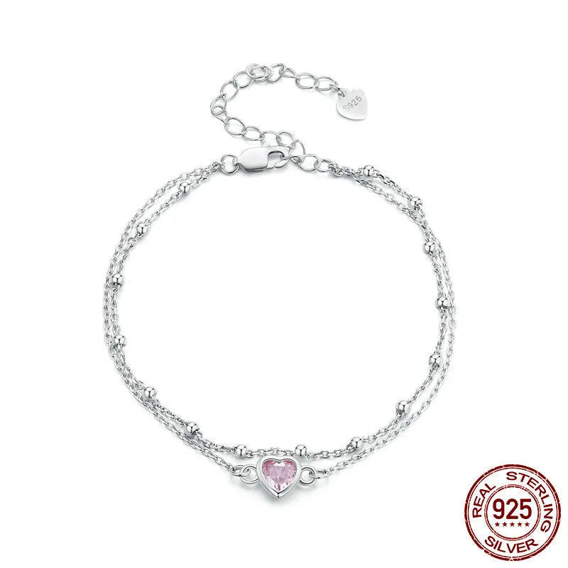 Sweet Girlish 925 sterling silver heart-shaped bracelet with adjustable chain and 6mm pendant