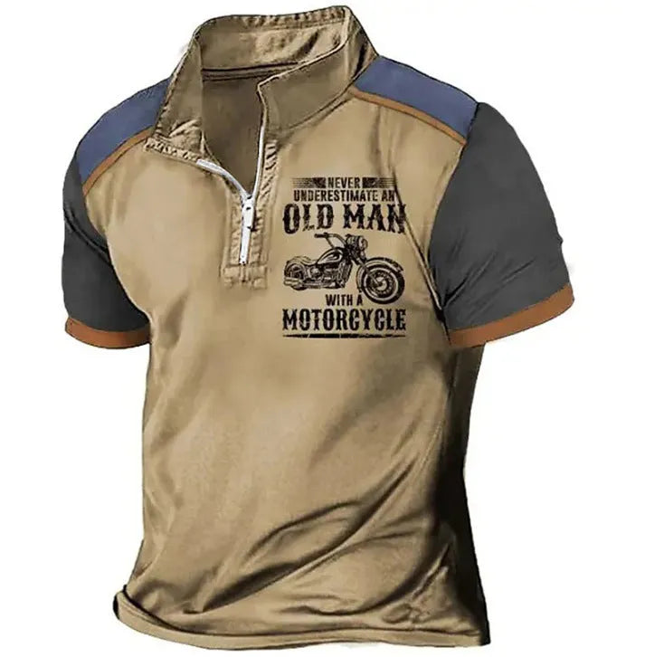 Men's casual polo shirt with zipper lapel and digital letter print in colour PL02-GG7366, size M, short sleeves