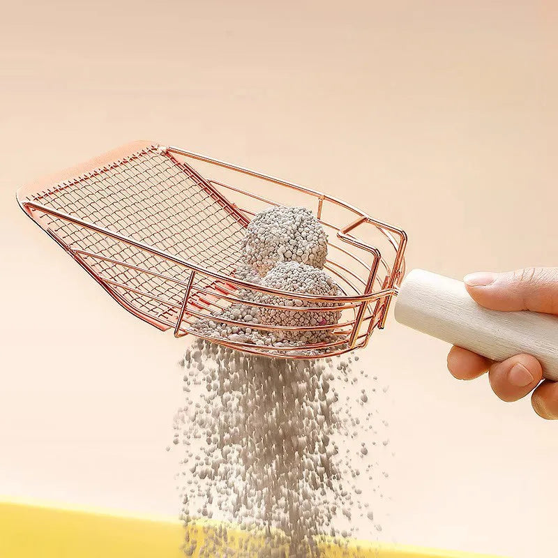 Stainless steel cat litter scoop with a long wooden handle shown in arc, linear, and square designs.
