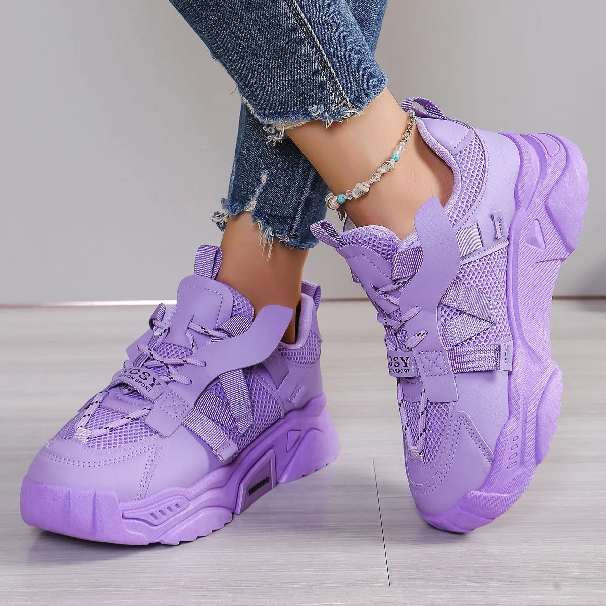 Women's platform mesh dad shoes with animal pattern, front lace-up design, available in purple, green, white, pink, yellow colours