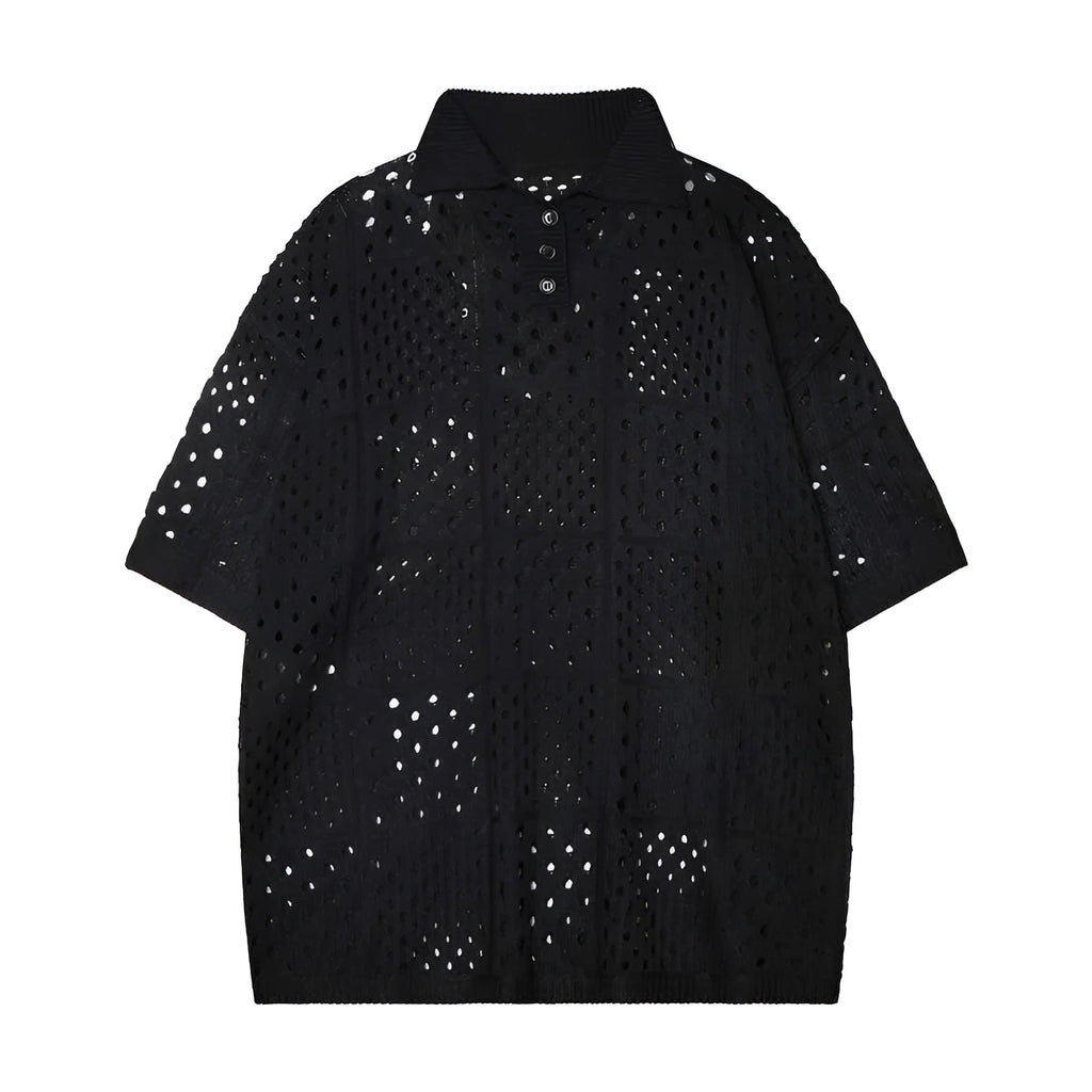 Black and white hollow knit polo shirt with short sleeves and loose cardigan fit