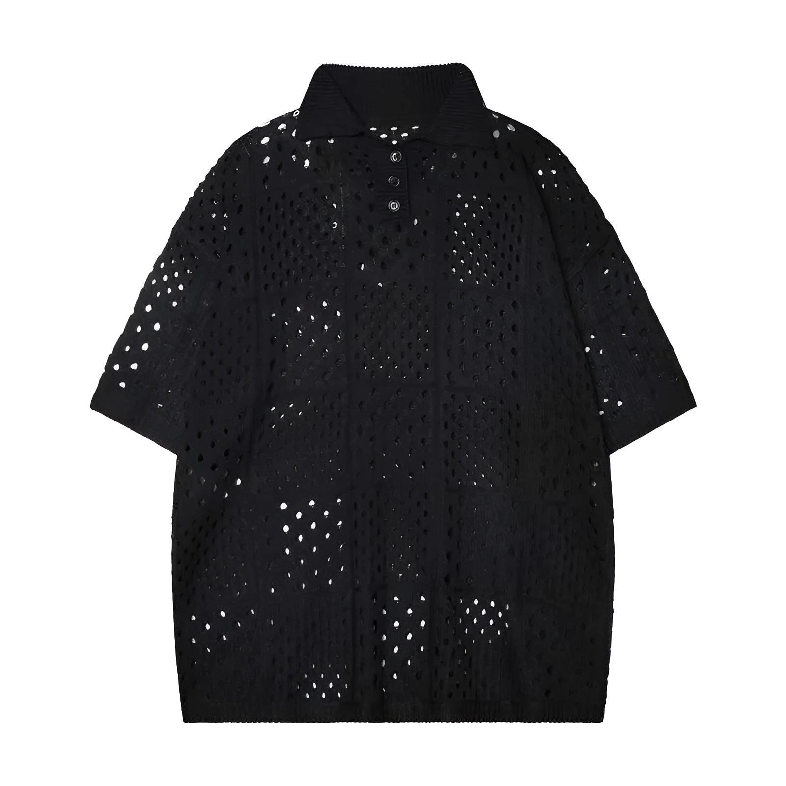 Black and white hollow knit polo shirt with short sleeves and loose cardigan fit