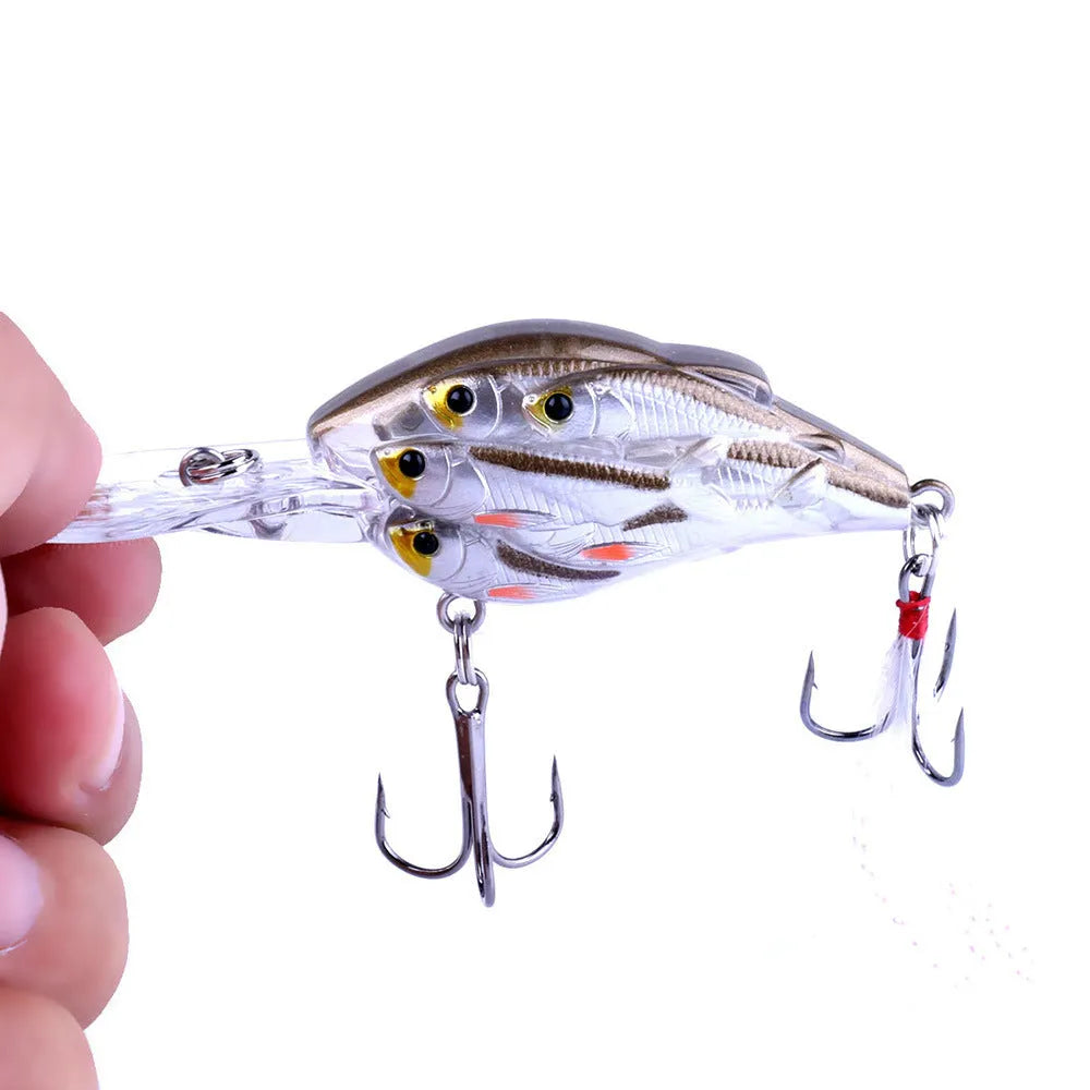 Floating hard bait fishing lure with fish feather hook in multiple colour options