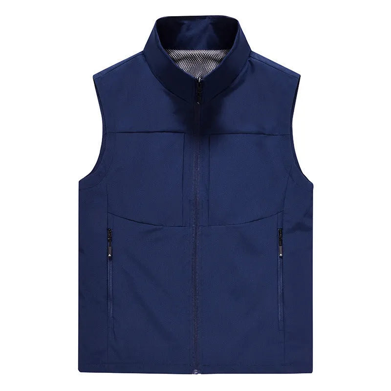 Men's loose fit cardigan vest in polyester with stand collar and zipper pockets for outdoor photography and fishing