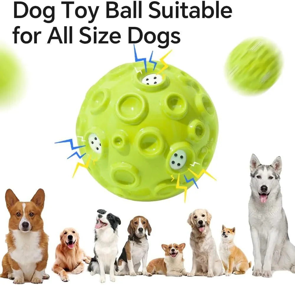Dog toy ball in black, blue, green, orange, or yellow with squeaky sound generator and teeth-cleaning bumps