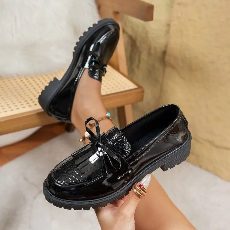 Women's brown bow loafers with artificial PU uppers for spring and autumn wear
