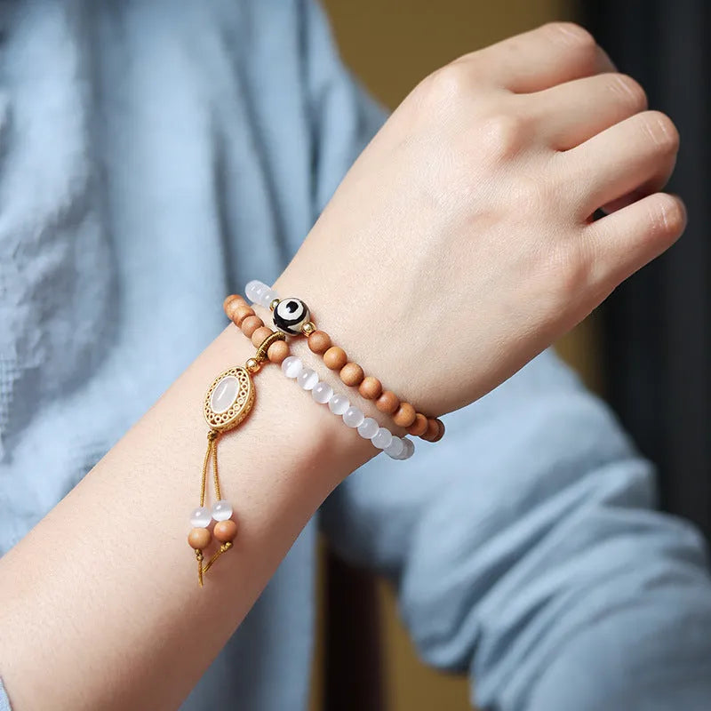 Sandalwood opal double ring retro bracelet with Tibetan beads and polished mixed materials