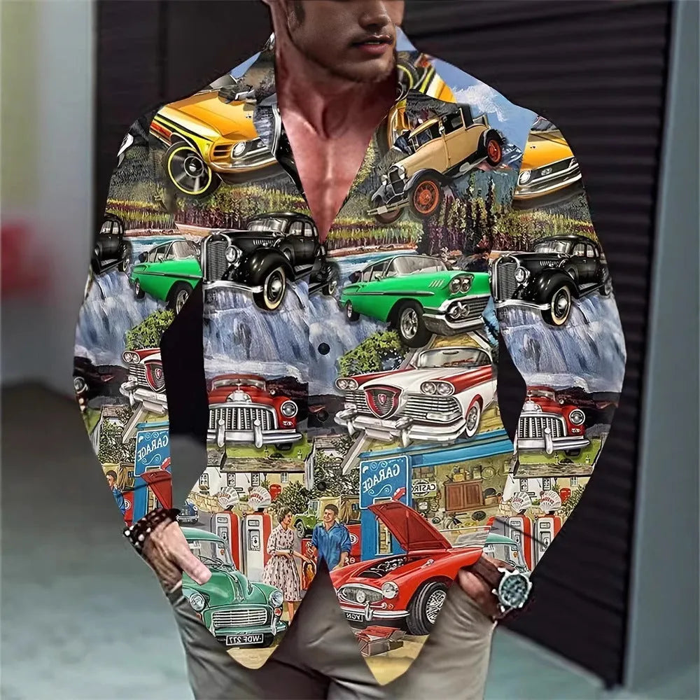 Man wearing a floral print Hawaiian long sleeve shirt with a loose cardigan fit.