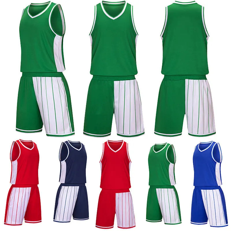 Men's basketball training suit with quick-drying polyester fabric in grass green colour, showing top and shorts