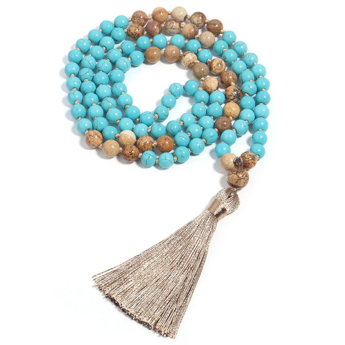 Handmade blue turquoise stone mala necklace with ball beads on 81cm chain