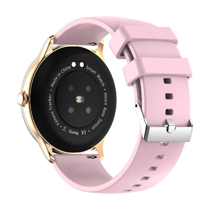 Black smartwatch with 1.28-inch screen on silicone wristband, showing health monitoring display