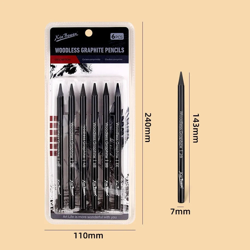 Set of 6 wood-free graphite sketching pencils with graded hardness labels HB 2B 4B 6B 8B EE