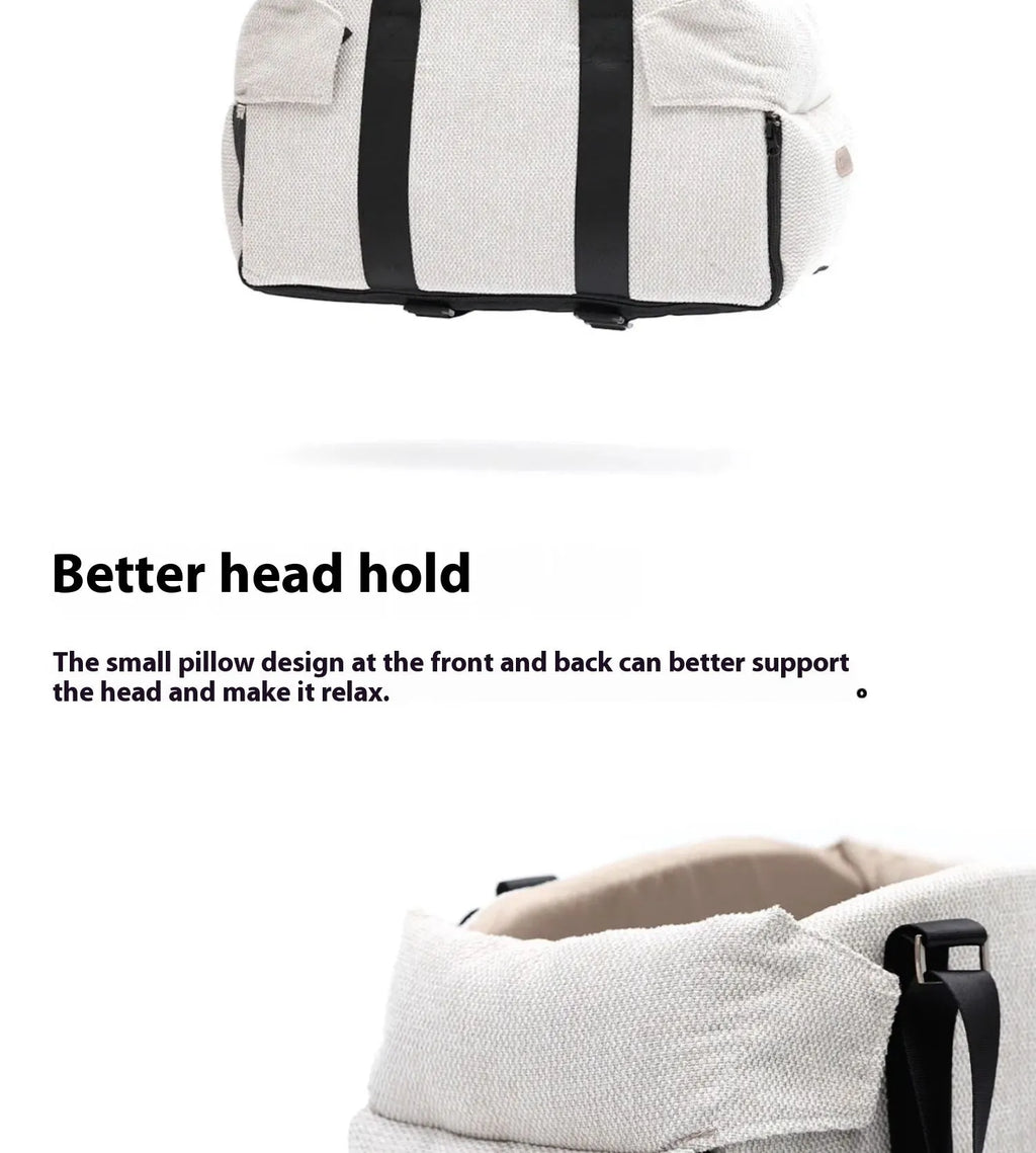 Beige and white polyester pet car nest and bed for small dogs, shown with dimensions 23x20x40cm.