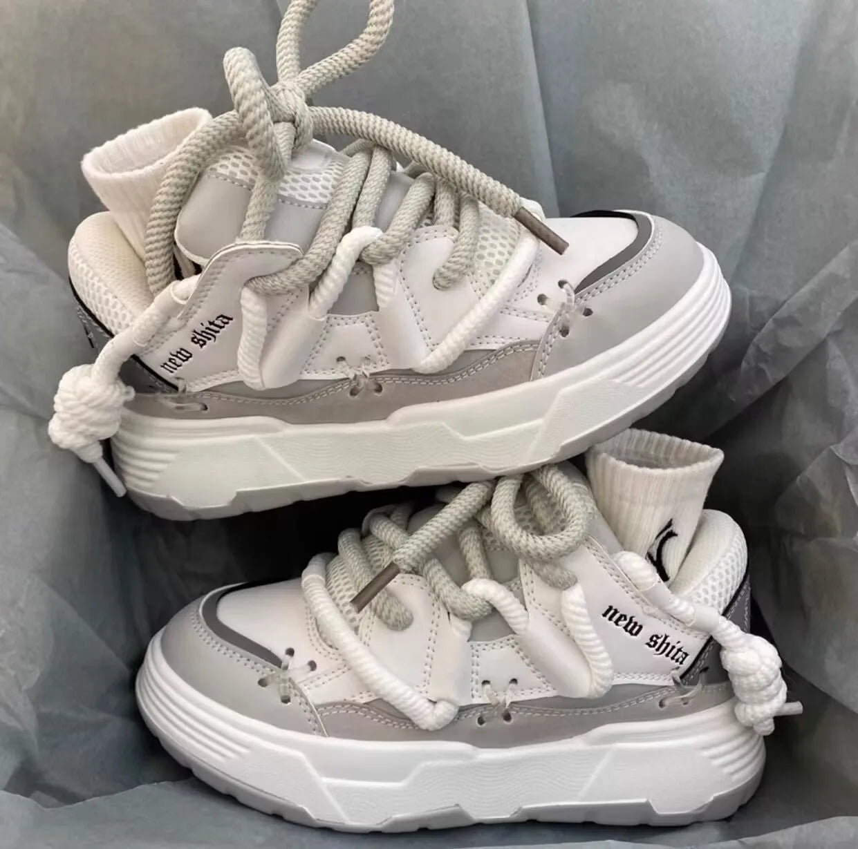 Women's grey clunky sneakers with 6-8cm heel, microfiber upper, and rubber sole for hiking, front tie-up design